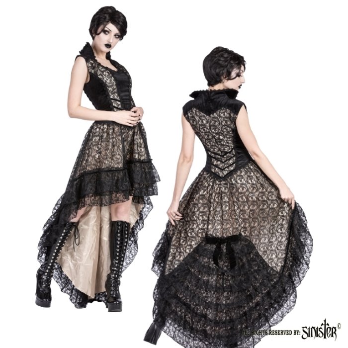 Gothic hoog-laag jurk van Sinister in ivoor/zwart | Alohomora